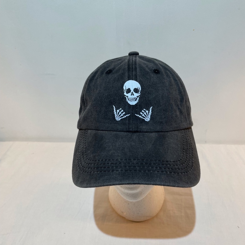 Baseball Hat Skull Print Hang Loose Adjustable Unisex Washed Black - Picture 5 of 13